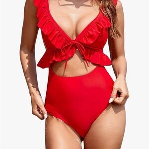 Women's Red Ruffled One-Piece Swimsuit Monokini
